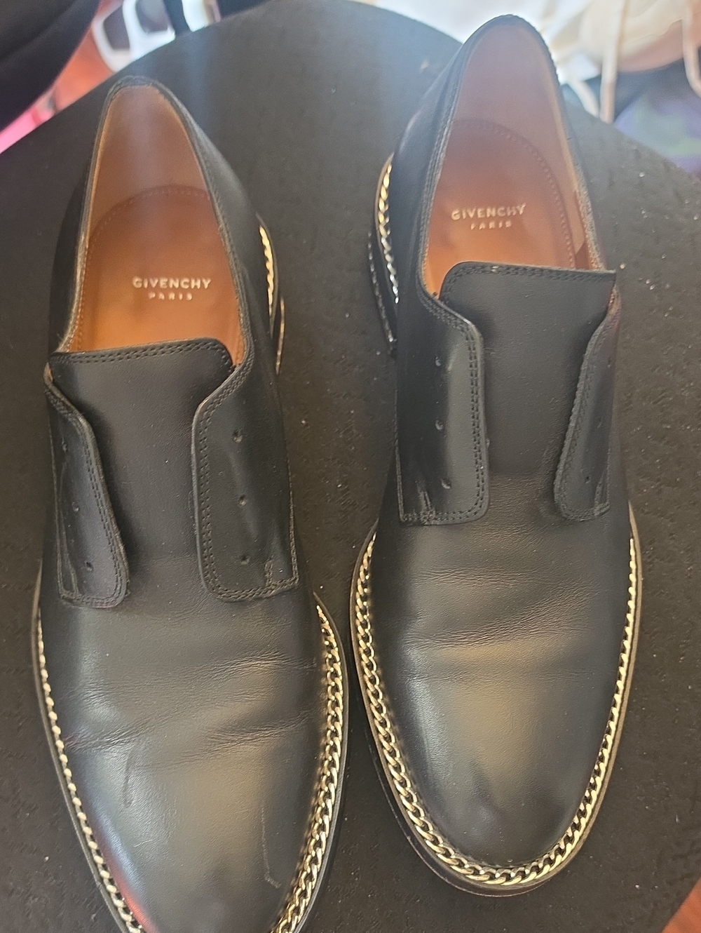 Givenchy Black Leather Slip-On Loafers with Chain Trim